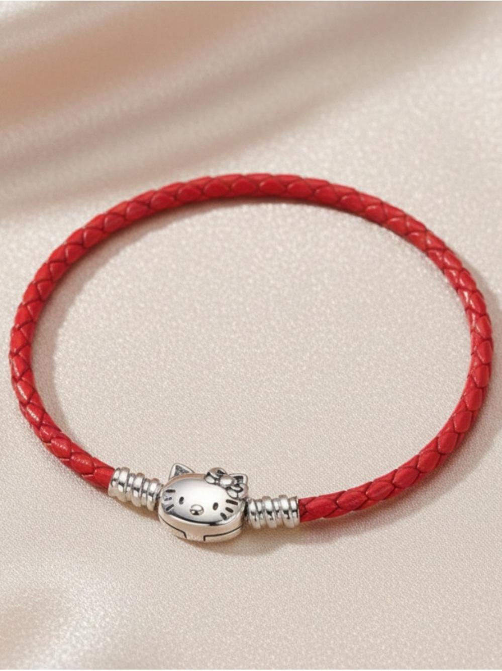 Red Braided Leather Bracelet with Silver Kitty Charm